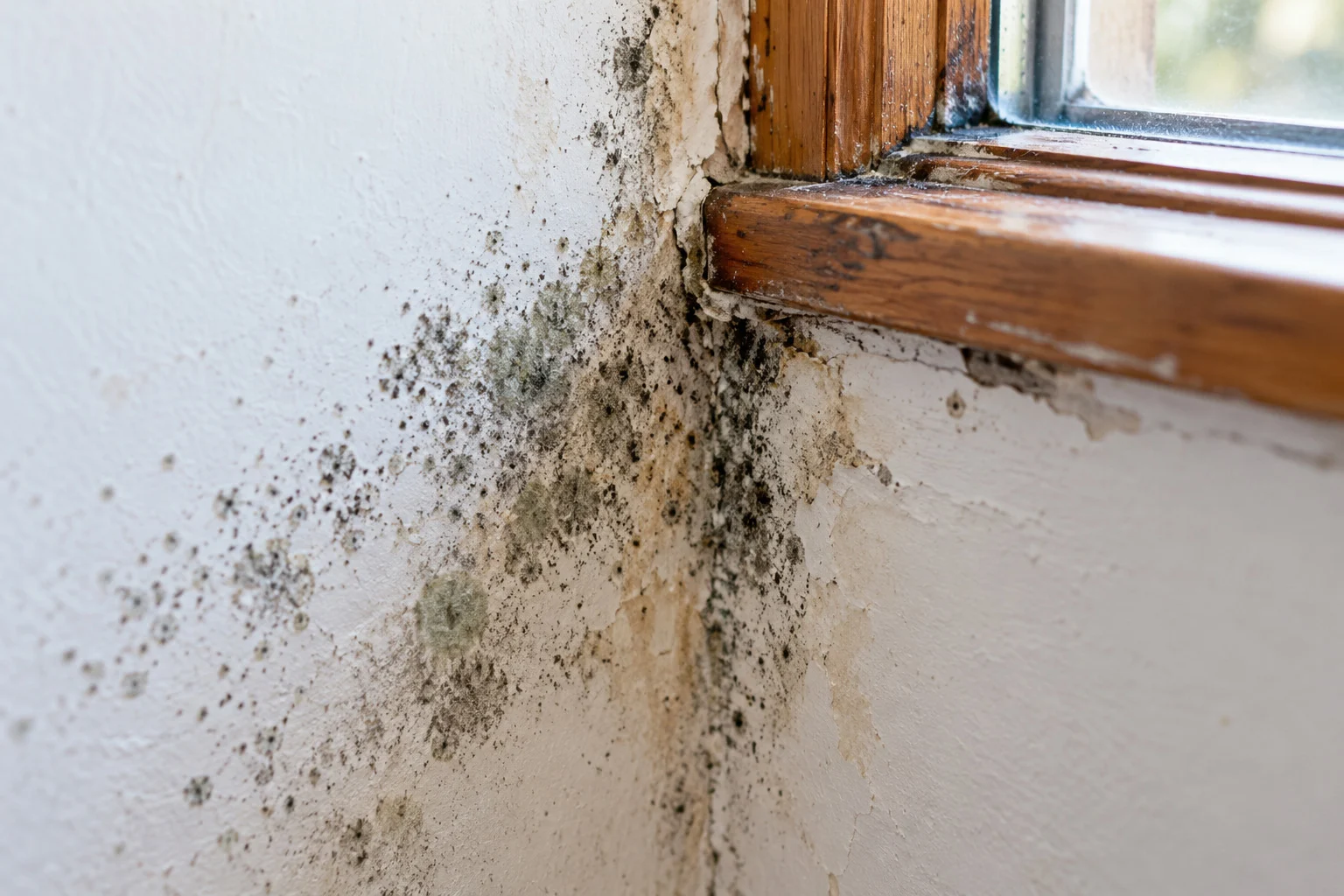 What does mold need to grow? Indoor mold spreading across a damp wall beside a wooden window frame.