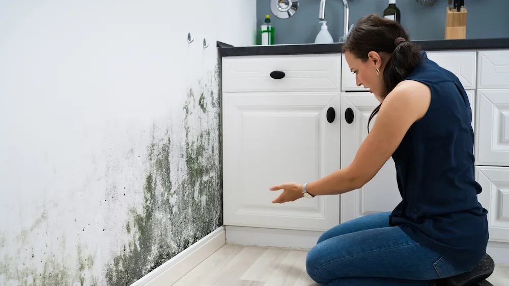 Black mold growing on a wall in the bathroom while a woman looks on upset