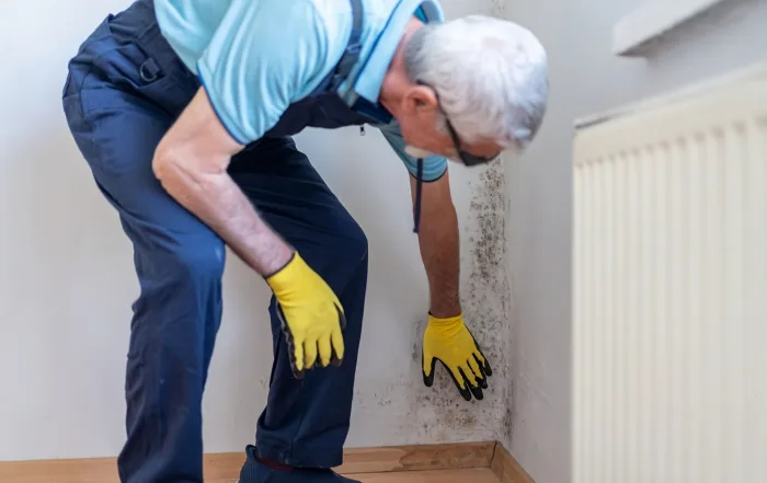 A man wearing overalls and yellow gloves inspects mold on a white wall corner near a radiator