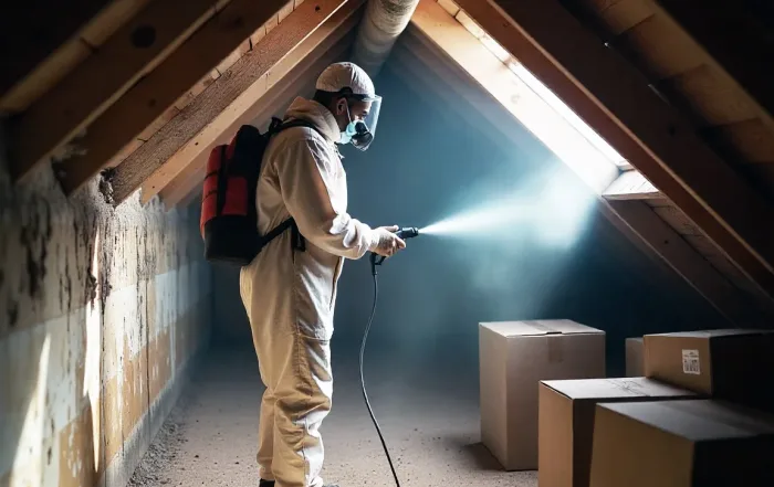 A worker in protective gear sprays disinfectant in a dusty attic with exposed beams