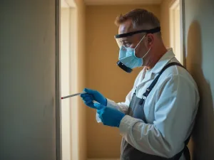 professional technician conducting mold testing in a home wearing gloves and respirator