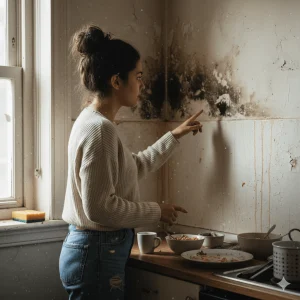 Woman pointing at black mold growth on a stained kitchen wall, highlighting the need for HVAC mold removal Scottsdale, AZ.
