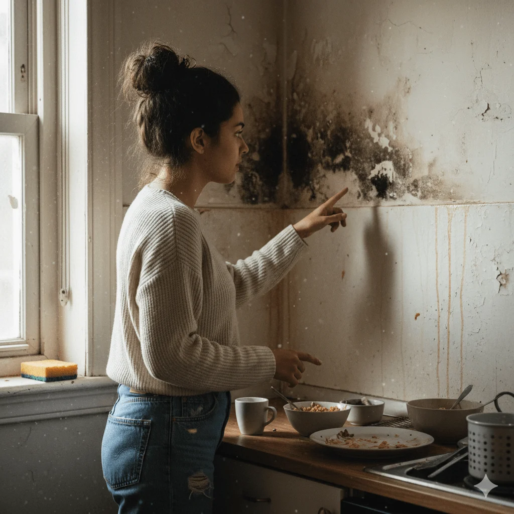 a-woman-points-at-mold-growing-on-a-stained-kitchen-wall2 Woman points to kitchen mold needing mold remediation in Phoenix AZ