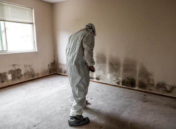Inspector wearing a white hazmat suit and respirator examining extensive mold contamination along lower drywall and baseboards for emergency mold removal phoenix az.
