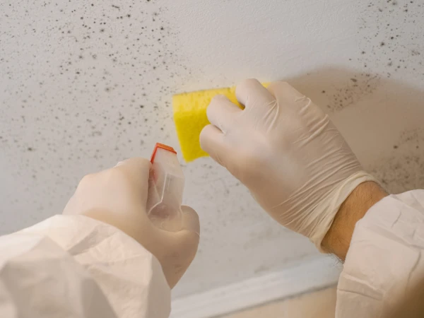 Professional cleaning treatment applied to ceiling mold growth during an urgent mold remediation process phoenix az.