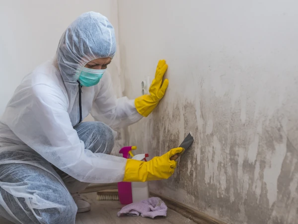 Worker in a protective suit scraping mold off a wall during emergency mold removal phoenix.